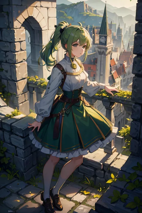 (masterpiece, highest quality:1.2), one girl, alone，ponytail，green and white gradient hair，green eyes,adventurer,middle ages,lea...