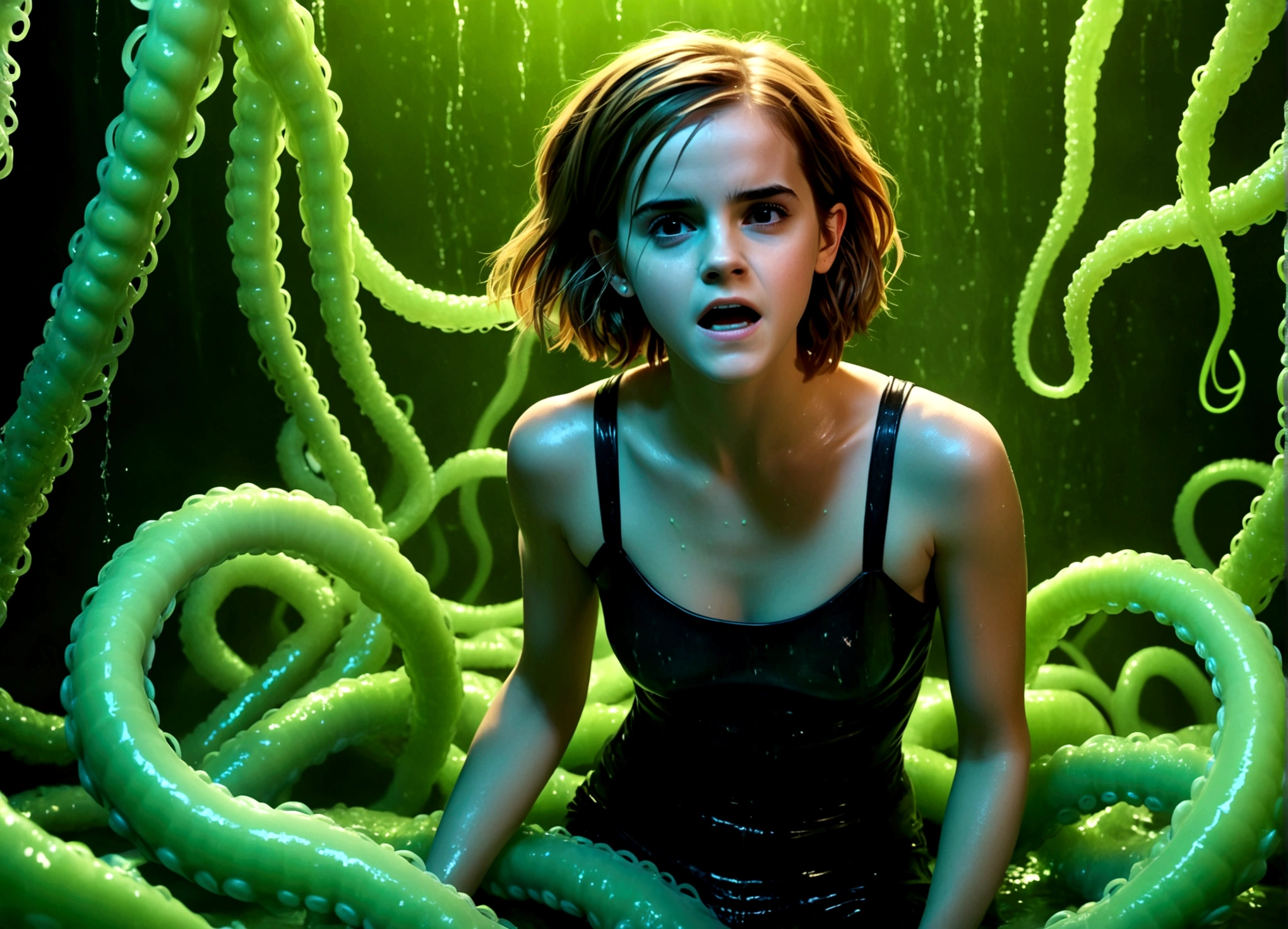 A young woman (Emma Watson) experiencing an intense orgasm, surrounded by  alien - SeaArt AI