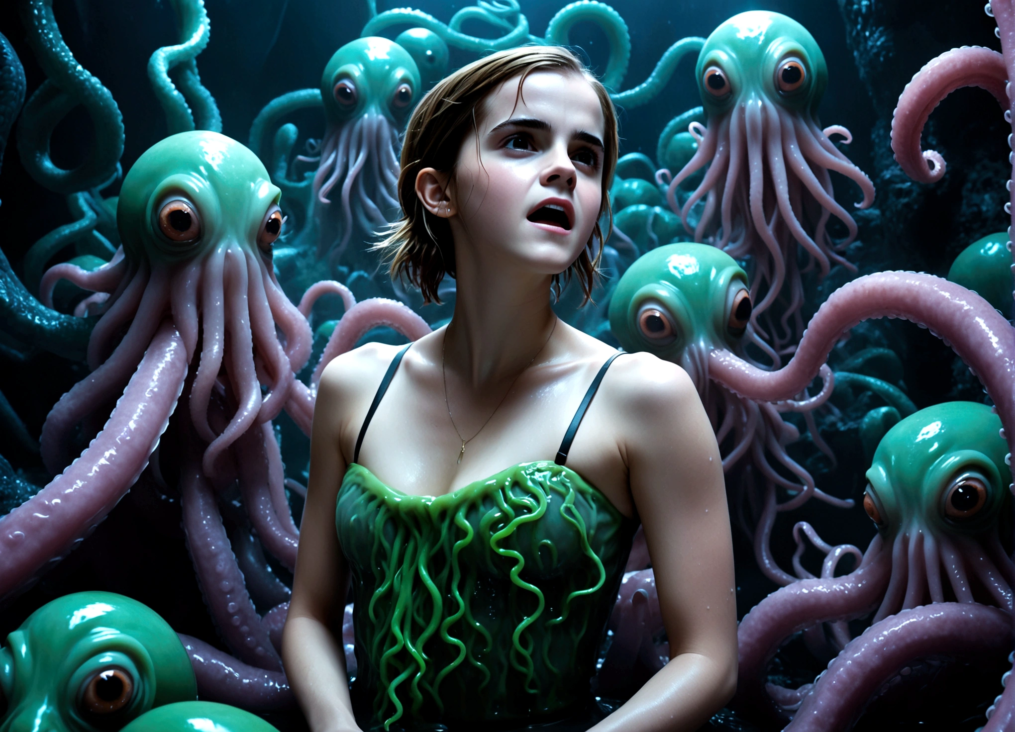 A young woman (Emma Watson) experiencing an intense orgasm, surrounded by  alien - SeaArt AI