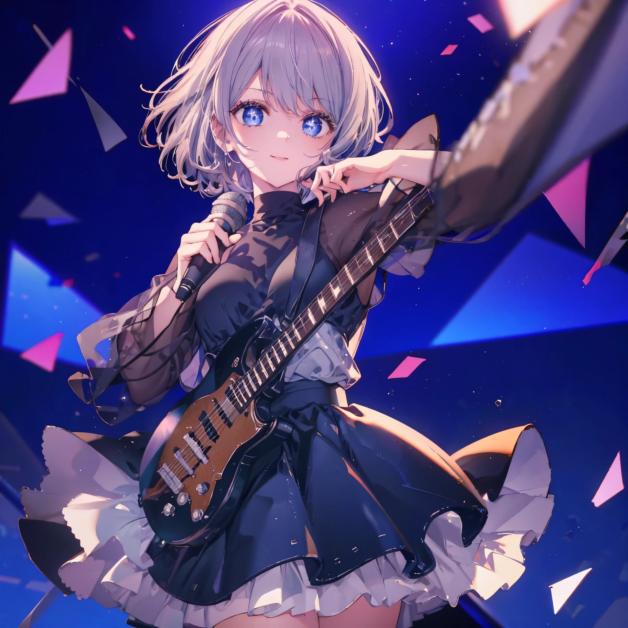 (((1 person　Gray Hair　dress　singer　blue eyes　Hold the microphone)))　((High resolution　short hair　青いdress　Black Skirt　Rin々Funny face))　((Close-up))　((Shining Aura　On stage))　(smile　Exposure to blue light)　Shining Background　Shining Edge