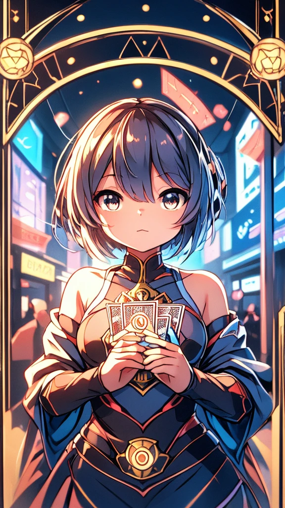 Cards，There are many cards floating in the sky，Girl holding cards，Girl holding a card，Fantasy style，Magic Style，Sci-fi style，Sci-fi style与Magic Style的繁复花纹，Cards are floating in the background，Girl holding cards，Girl holding cards，A girl holding a card with many cards floating behind her，Girl holding a card between two fingers，Girl holding cards，Street background，现代Street background，现代都市Street background，Magic Style的背景，Modern urban background，Magic pattern，magical circle，Cards floating in the sky，Cards floating in the background，Upper body close-up，Close-up above the waist，背景中有很多Cards floating in the air，Cards floating in the air，Tarot cards floating in the air