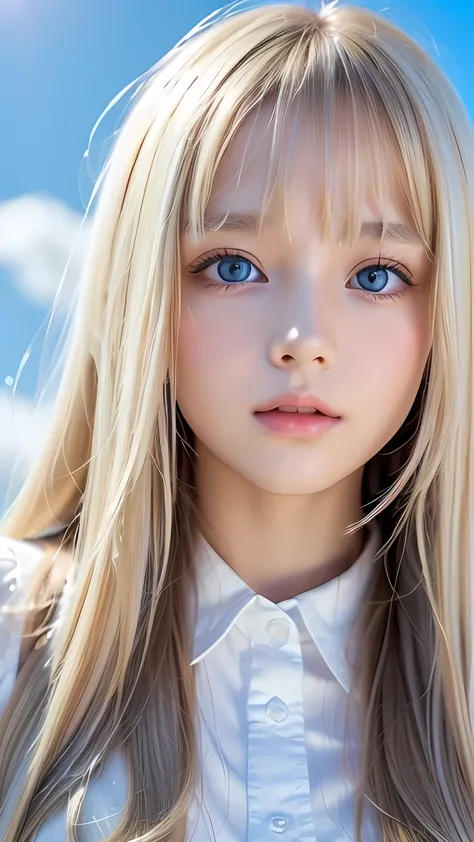 Super long silky shiny metallic butter blonde hair、A cute 16-year-old girl with sexy messy bangs、Hair above the eyes、片Hair above...
