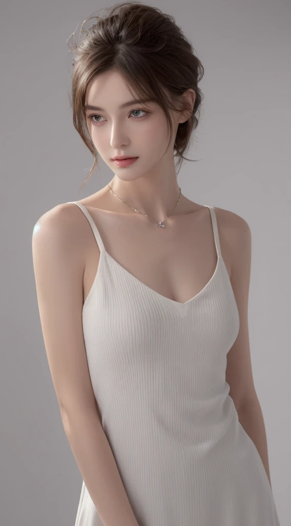 (((highest quality, 8k, masterpiece))), sharp focus, thin, cinematic lighting、perfection、soft light、high resolution skins:1.3、realistic skin texture、30 year old mature woman、small face、no makeup、short hair、dark brown hair、Detailed beautiful eyes、bust B cup、small breasts、wearing a pendant、Supermodel、cool beauty、gray background、