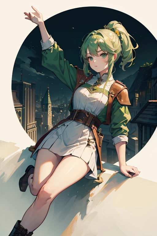 (masterpiece, Highest quality:1.2), One girl, alone，ponytail，Green and white gradient hair，Green Eyes,Adventurer,middle ages,Leather shoes,Background city