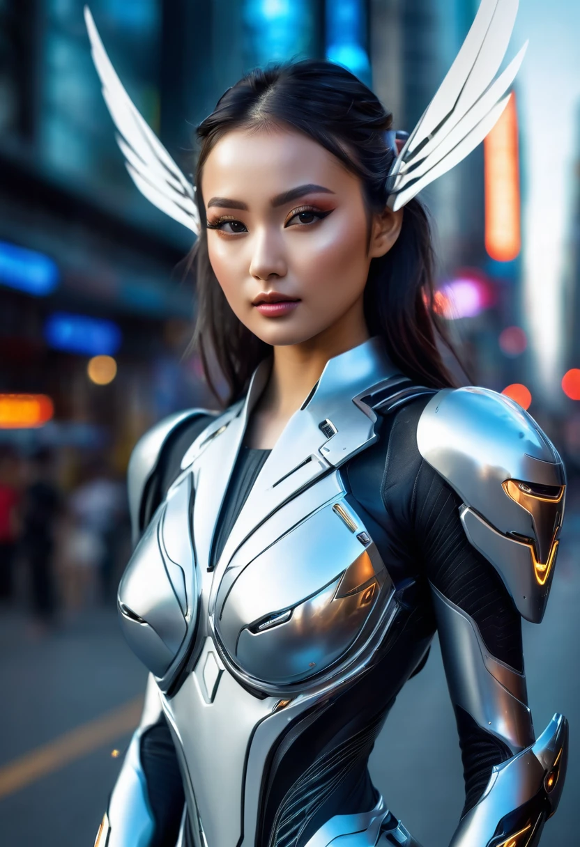 best quality, 8k, very delicate and beautiful, highly detailed face and skin texture, shiny skin, high resolution, big tits beautiful girl in futuristic suit with cyber wings stand on street, sharp focus