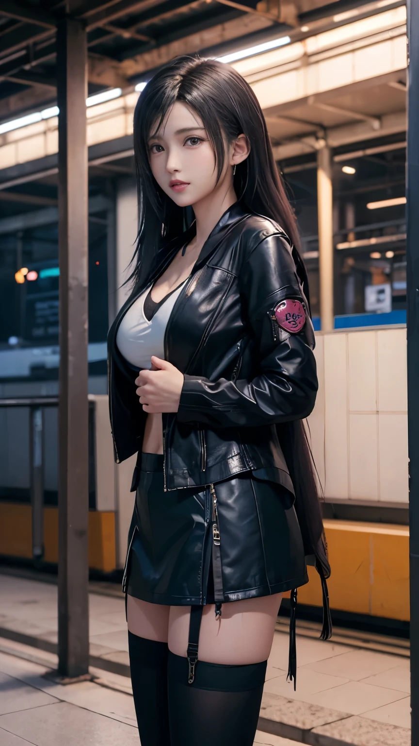 8K resolution, masterpiece, Highest quality, Award-winning works, unrealistic, tifa lockhart, 20-year-old, sexy office lady, (black long hair:1.3), beautiful Perfect Face, Soft Skin, Perfect Face, Yasutomo Oka's painting style, 165cm tall, Three sizes are 92/60/88, (black jacket:1.5), white silk camisole, deep Cleavage, black long slacks, black garter belts, knee high socks, black pumps, details, Splash screen,Sharp eyes, crystal blue eyes, pink lips, BREAK, White Silver, dynamic sexy poses, Sweat, Strong winds, standing alone on station platform, waiting for train coming, Osaka Japan