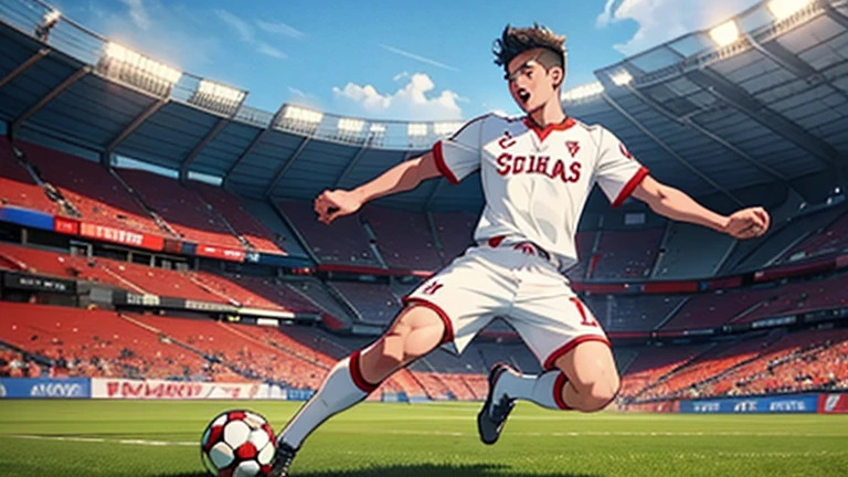 Create a realistic image of Shohei Ohtani playing as a forward in a soccer match. He should be wearing a soccer uniform, preferably in the colors of a professional team. Ohtani should be actively engaged in the game, either dribbling the ball, taking a shot, or celebrating a goal. The background should feature a stadium filled with cheering fans. Ensure the overall scene is dynamic and action-packed, capturing the intensity and excitement of a high-stakes soccer match.