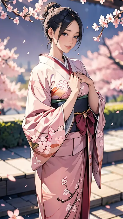 (masterpiece),(Highest quality),(Very detailed),(High resolution),8K,wallpaper,One Woman,A woman is standing,Elegant,Beautiful Face,Beautiful Skin,Beautiful Hands,Detailed hand drawing,Kimono photo shoot,(((whole body))),(hair bun),smile,(Beautiful Japanese patterned furisode),(((The background is cherry blossoms falling.))),((kimono)),((hands))