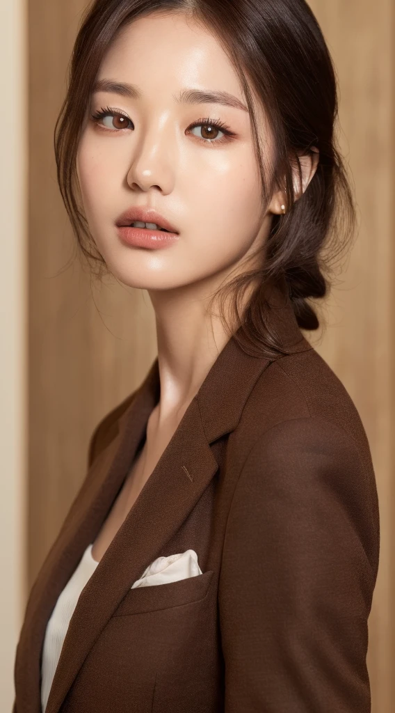 ((top quality, 8k, masterpiece: 1.3)), beautiful woman, 1 woman, slender figure: 1.1, dark brown hair, brown suit, super detailed face, detailed lips, detailed eyes, double eyelids, back figure,