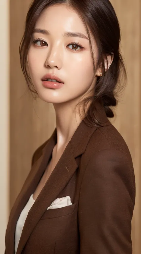 ((top quality, 8k, masterpiece: 1.3)), beautiful woman, 1 woman, slender figure: 1.1, dark brown hair, brown suit, super detaile...