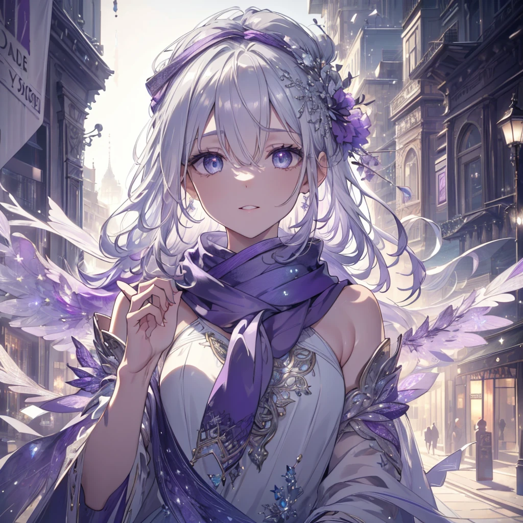 8k, wearing a scarf on the head, High definition RAW color art, Animation, Silver Marble Skin, (((Ultra detailed elegant))), Magical atmosphere, Detailed skin, Texture,(Intricately detailed, Fine detail, ultra-detail art), depth of fields, Bokeh, Silky Touch, Hyper Detail, (pastel purple), beautiful eyes, elegant face, neon downtown