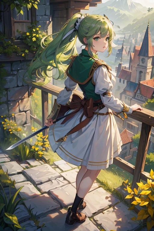 (masterpiece, Highest quality:1.3), One girl, alone，ponytail，Green and white gradient hair，Green Eyes,Adventurer,middle ages,Leather shoes,Background city,Sword in left hand,White clothes,