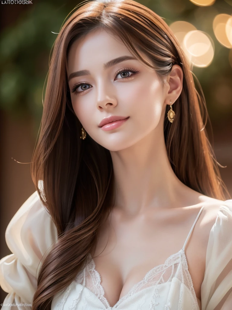 beautiful woman, narrow waist, perfect figure, beautiful eyes, long eyelashes, lustrous lips, perfect body, beautiful skin, (best quality,4k,8k,highres,masterpiece:1.2),ultra-detailed,(realistic,photorealistic,photo-realistic:1.37), cinematic scene, beautiful smile, fashion model, long chestnut hair, attractive clothing, beautiful ornaments