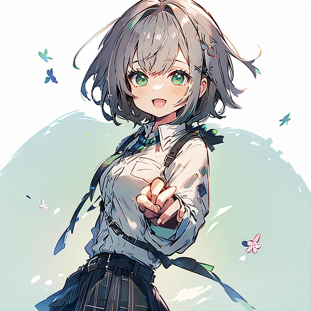 masterpiece, best quality, highres, ffnoel, short hair, x hair ornament, green eyes, blue bowtie, white shirt, collared shirt, black skirt, plaid skirt, pleated skirt, miniskirt, smile, outdoors, cherry blossoms, standing, cowboy shot, open mouth,