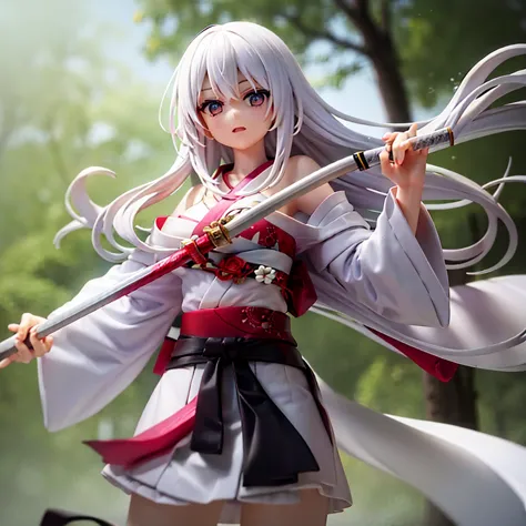 Girl with flowing long white hair, white eyes, in a white kimono, holding a katana