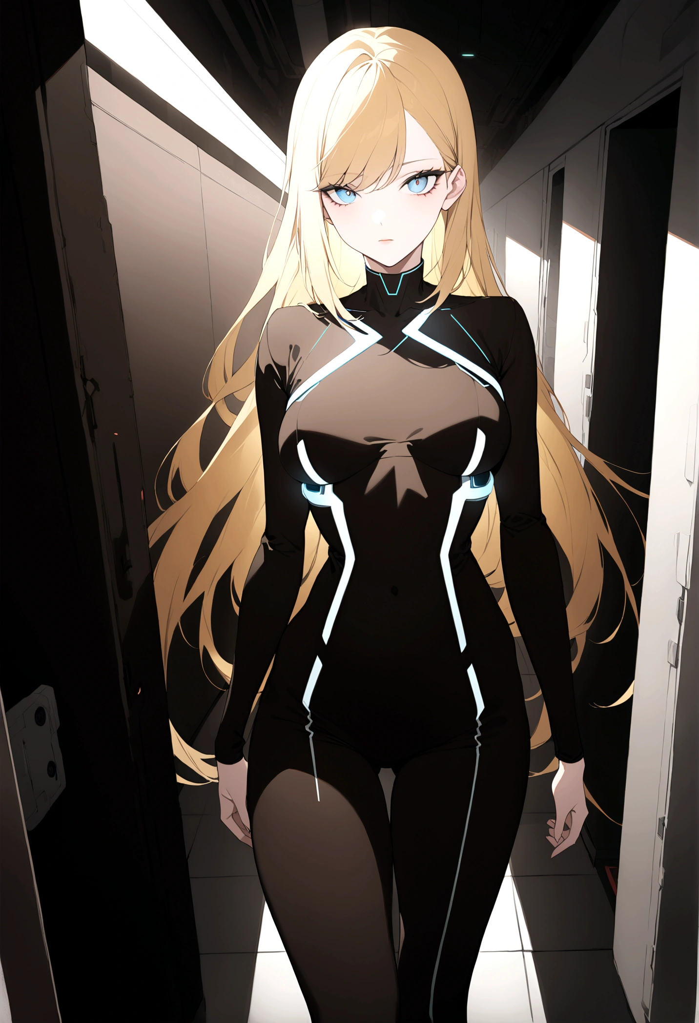 (masterpiece, 32k, 8k, white laboratory corridor setting, character walking towards the viewer) woman, 26 years old, naturally beautiful face, long blonde hair with pink streaks, tight black clothes in cyberpunk style, eyes of different colors, one blue eye and another gray eye