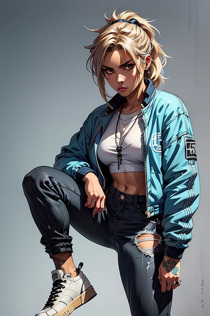 Highest quality:0.8), (Highest quality:0.8), Perfect anime illustration, A girl with a casual side ponytail and cropped hair、Future punkish distressed jeaniddle finger up。Sneakers that look light on the feet。light blue lip。Sharp Eyes。Overall image of a toned body。