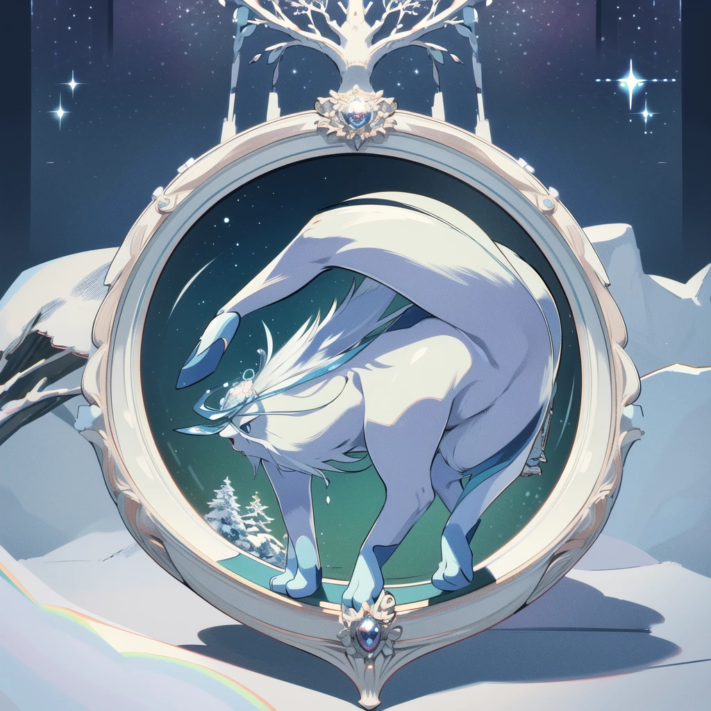 glaceon, snow,pokemon \(creature\),animal,  full body, tree,, (masterpiece, best quality,absurdres: 1.2),, perfect hands,, masterpiece,best quality,ultra-detailed,very detailed illustrations,extremely detailed,intricate details,highres,super complex details,extremely detailed 8k cg wallpaper