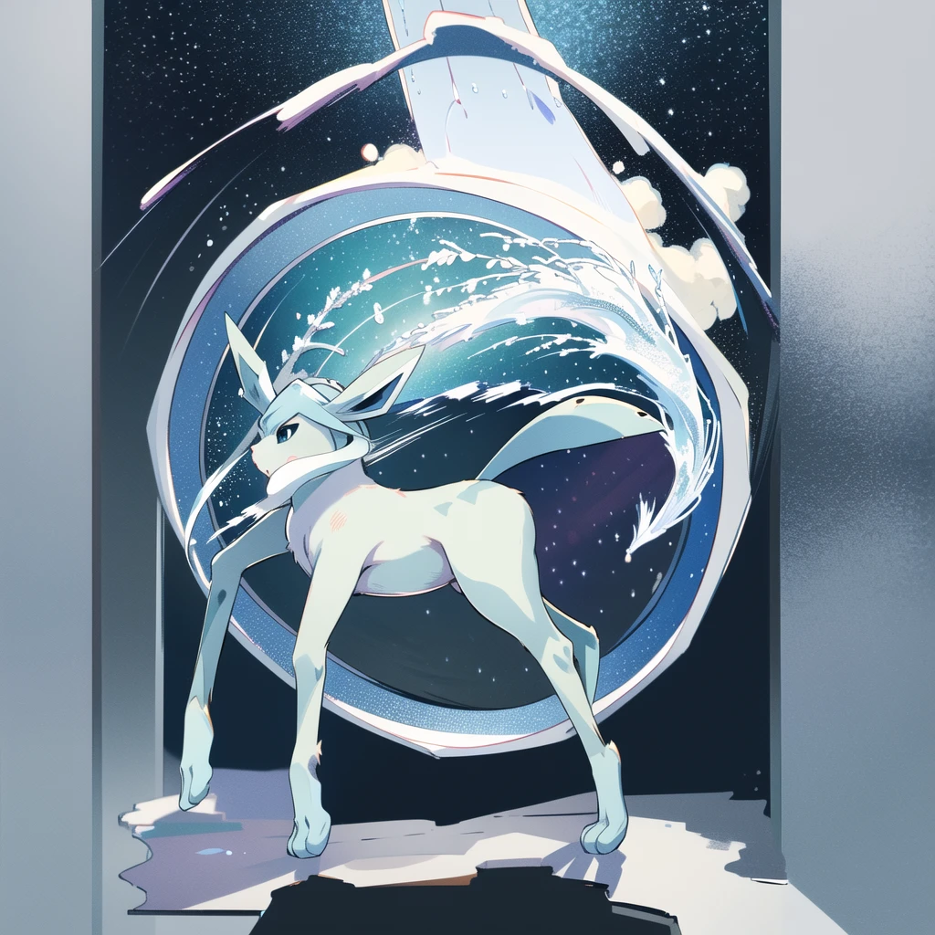 glaceon, snow,pokemon \(creature\),animal,  full body, tree,, (masterpiece, best quality,absurdres: 1.2),, perfect hands,, masterpiece,best quality,ultra-detailed,very detailed illustrations,extremely detailed,intricate details,highres,super complex details,extremely detailed 8k cg wallpaper