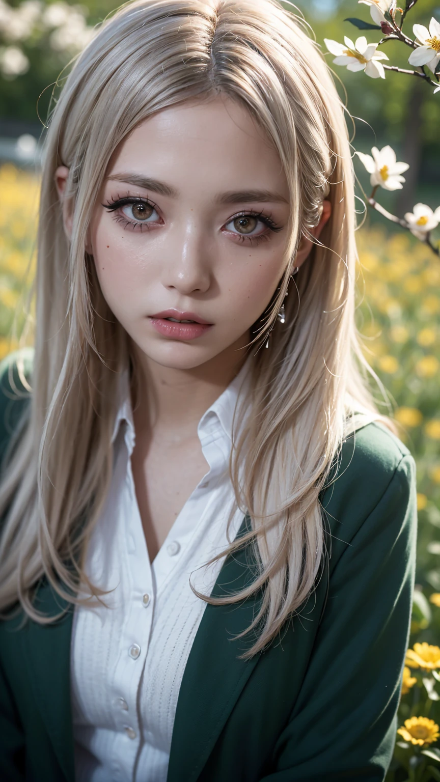 Realistic, masterpiece, highest quality, Highest Resolution, Japanese , 16 years old, Upper body photo, Looks sleepy, inattention, Open your mouth, Beautiful and detailed eye drawing, (Droopy eyes:1.3), Dark Eyes, Thin eyebrows, Draw eyelashes carefully, Eyelash extensions, Gal Makeup, Orange Cheek,  (White brown straight hair, Long Hair, middle part:1.3), (Hidden eyelid wrinkles:1.3), (The blazer he is wearing is dark green and has a gothic design.:1.2), (The subject was photographed from above at an angle:1.3), (Flower Field:1.3), (Face close-up:1.5)