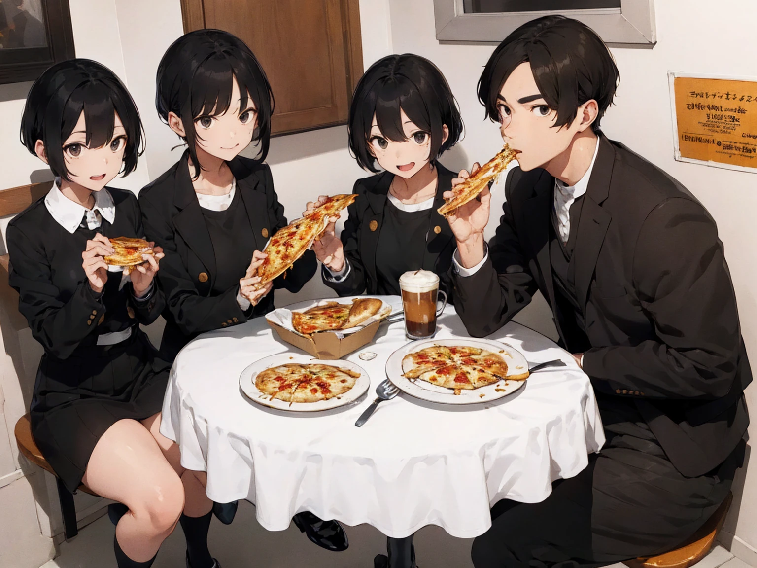 Big family eating pizza 、Short black hair、Black jacket、Black slacks、White patent leather shoes、Coffee with lots of ice