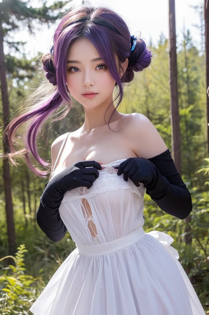 ((masterpiece)), ((best quality)), (ultra-detailed), watercolor, gradation, forest, a cute girl, solo, maid, beautiful purple hair, beautiful yellow eyes, (beautiful eyes), black gloves, wind effect