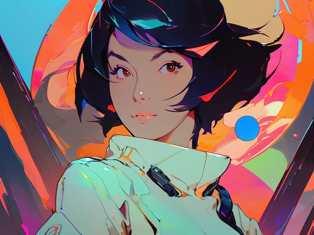 androgynous asian with short black hair and brown eyes standing in front of a colorful scifi background, artgerm and atey ghailan, portrait anime space cadet, in style of atey ghailan, ilya kuvshinov style, artstyle : ilya kuvshinov, ilya kuvshinov. 4k, atey ghailan 8k, brown eyes, flat chested, slim body, playful smile,