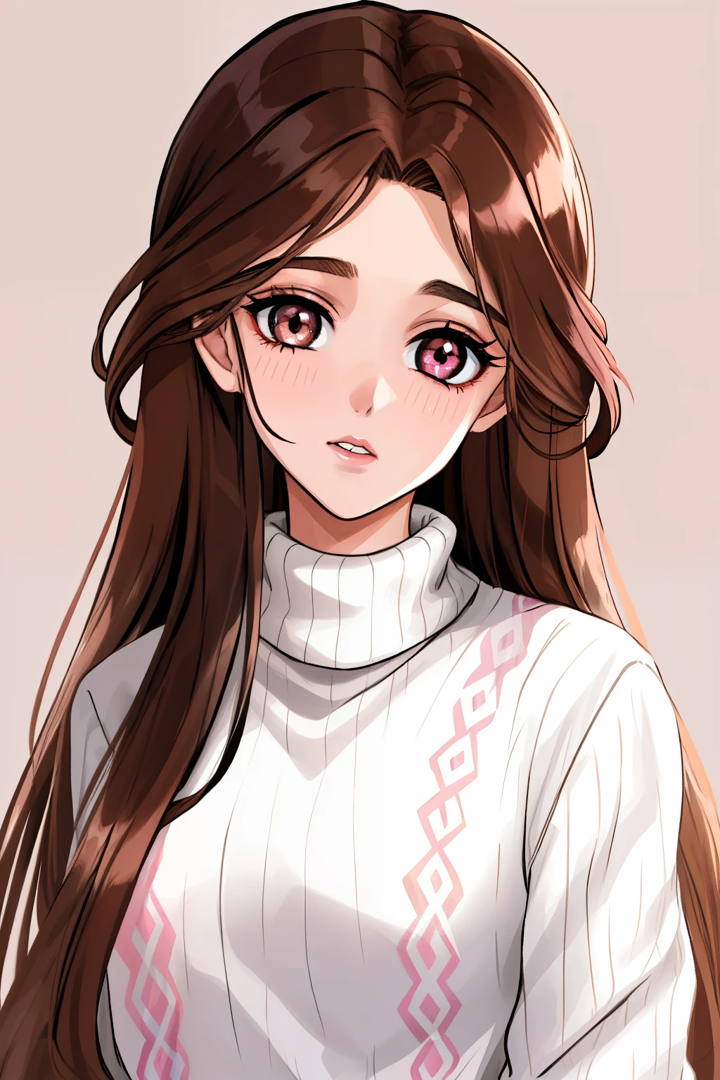 Girl, long brown hair, brown eyes, sharp features, white skin, pink lips, beautiful, perfect, sweater