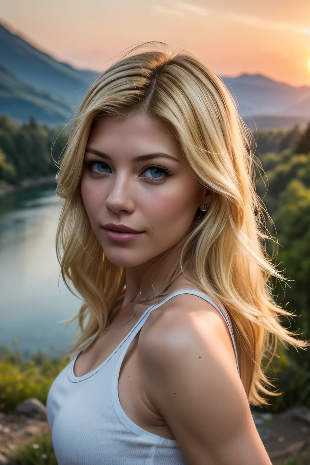 photo realistic, best quality, hyper detailed, gorgeous Katheryn Winnick (40 years old:1.5), selfie photo, upper body, only, wearing tank top, al fresco, (sunset), mountains, nature in real life, (cheerful, happy), sleeping bag, flowing hair, (blonde:1.5), forest, rock, river, wood, smoke, clear sky, analog style, view of the viewer, skin texture, film grain, close up, ultra-high resolution, best shadow, RAW, instagram LUT