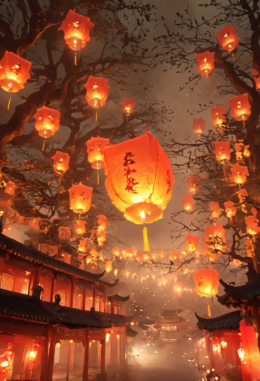 Chinese Ghost Festival，Zhongyuan Universe，Ghostly gas，Light and dark contrast of street at night，Spooky branch texture and detailed depiction of Chinese lanterns，Transparent ghosts floating in the smoke，Lanterns hanging on the tree，There are flowers on it, Blackout lighting，blur background，Depth of Field，Soft Light,aesthetic lighting, Dim Lights，A calm yet scary atmosphere，Mysterious and dark，Detailed lighting effects，Soft color transitions，Strange place，it&#39;s foggy， Space-time misalignment，Reincarnation。 nogami，The sun and the moon have no light， Confusing and ridiculous，Nightmares。 Mysterious and unreal，phantom， Gothic Shadows，Shrouded in all directions。 Cyberpunk， Dark Forest，Heterogeneous Space， Hidden countless unknown secrets，Forgotten souls wandering in the night。
