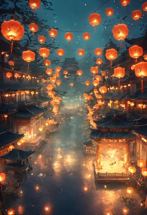 Chinese Ghost Festival，Zhongyuan Universe，Ghostly gas，Light and dark contrast of street at night，Spooky branch texture and detai...