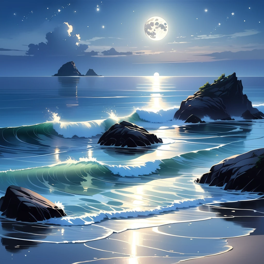 Bajo el sereno resplandor de la luna llena, un mar tranquilo se extiende hasta el horizonte. La luz de la luna arroja un brillo plateado sobre las suaves ondas del agua., creando un camino brillante que parece conducir a la luna misma. Las suaves olas bañan la orilla, susurrando secretos a la noche. En la distancia, siluetas de pequeñas islas y rocas rompen la suave línea del horizonte. El cielo esta despejado, con estrellas esparcidas como diamantes. Este pacífico paisaje marino nocturno irradia una belleza tranquila y silenciosa., invitando a la contemplación y a una sensación de asombro.