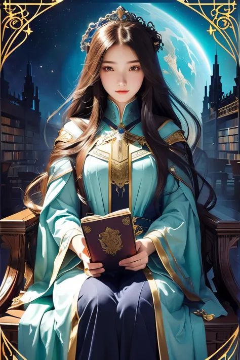 Girl with long hair holding a book in hands, Infinite Celestial Library, great view, Epic Light Novel Art Cover, Magic realism a...