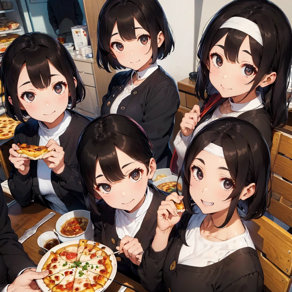 Big family eating pizza 、Short black hair、Black jacket、Black slacks、White headband on forehead、Coffee with lots of ice