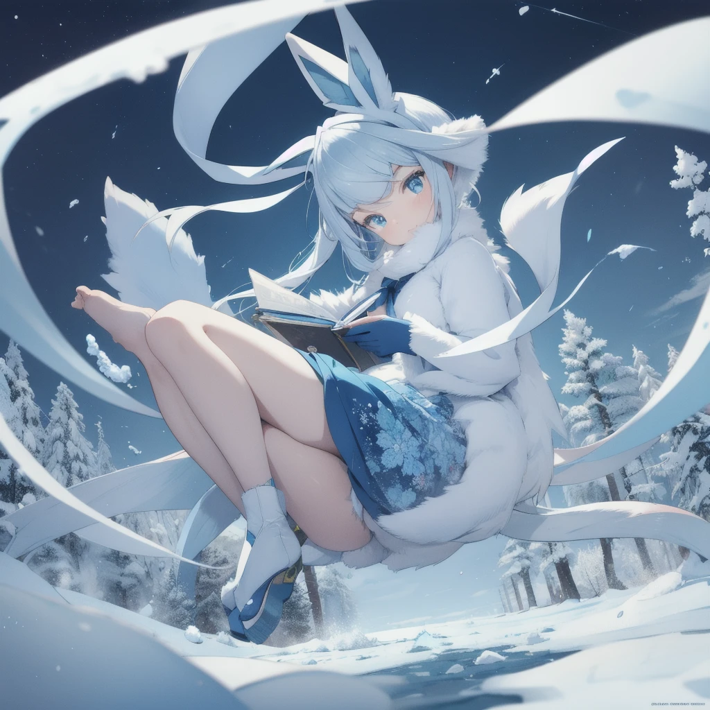 glaceon, snow,pokemon \(creature\),animal,  full body, tree,, (masterpiece, best quality,absurdres: 1.2),, perfect hands,, masterpiece,best quality,ultra-detailed,very detailed illustrations,extremely detailed,intricate details,highres,super complex details,extremely detailed 8k cg wallpaper