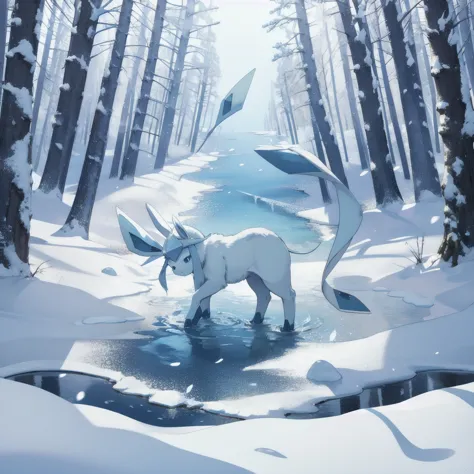glaceon, snow,pokemon \(creature\),animal,  full body, tree,, (masterpiece, best quality,absurdres: 1.2),, perfect hands,, maste...