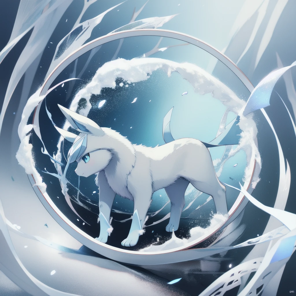 glaceon, snow,pokemon \(creature\),animal,  full body, tree,, (masterpiece, best quality,absurdres: 1.2),, perfect hands,, masterpiece,best quality,ultra-detailed,very detailed illustrations,extremely detailed,intricate details,highres,super complex details,extremely detailed 8k cg wallpaper