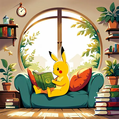 cute scene featuring pikachu reading a book. pikachu should be sitting comfortably, perhaps on a cozy cushion or in a quaint rea...