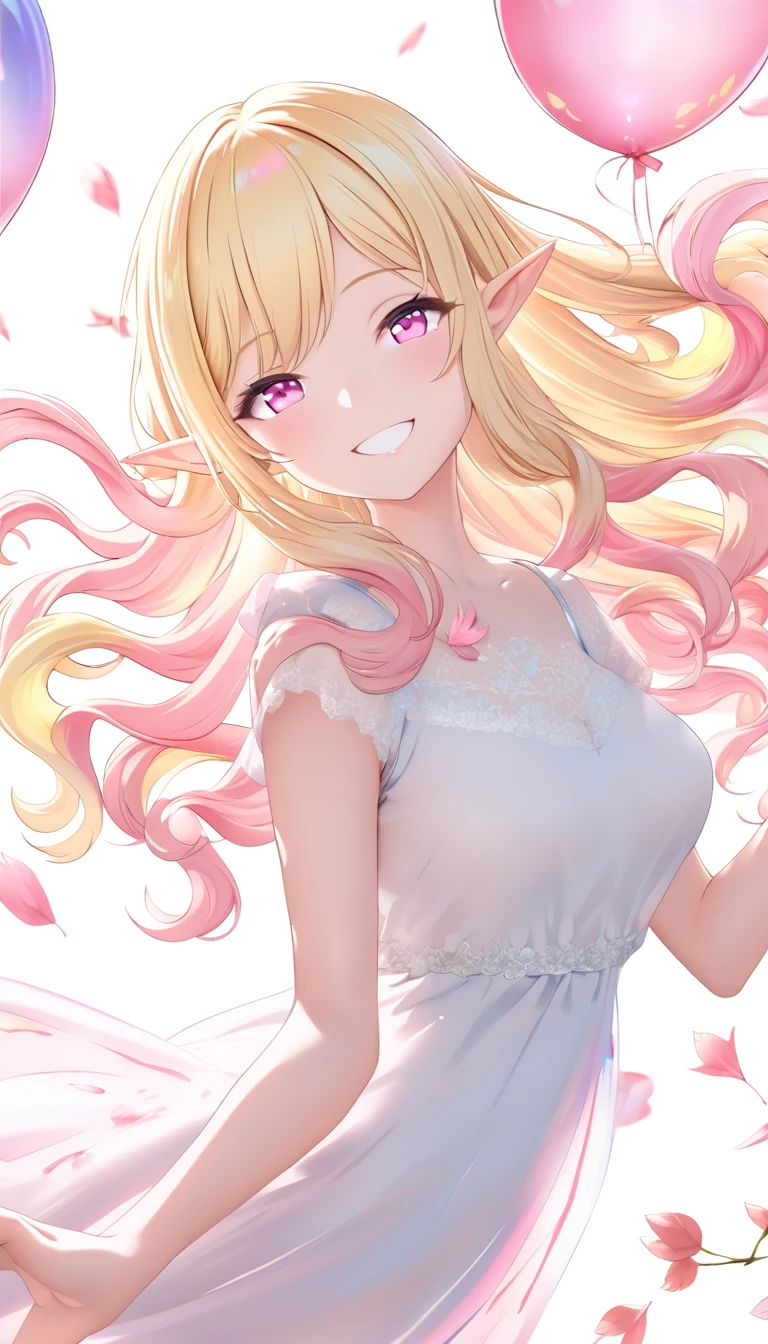 Beautiful face elf、Blonde long hair、Pointy Ears、Smiling with teeth showing、The wind is blowing、Petal balloon、Light pink hair, Pink Eyes, Pink and white, Cherry leaves, Vibrant colors, White Dress, Paint splashes, Simple Background, Ray Tracing, Wavy Hair、masterpiece、:
Translucent transparent