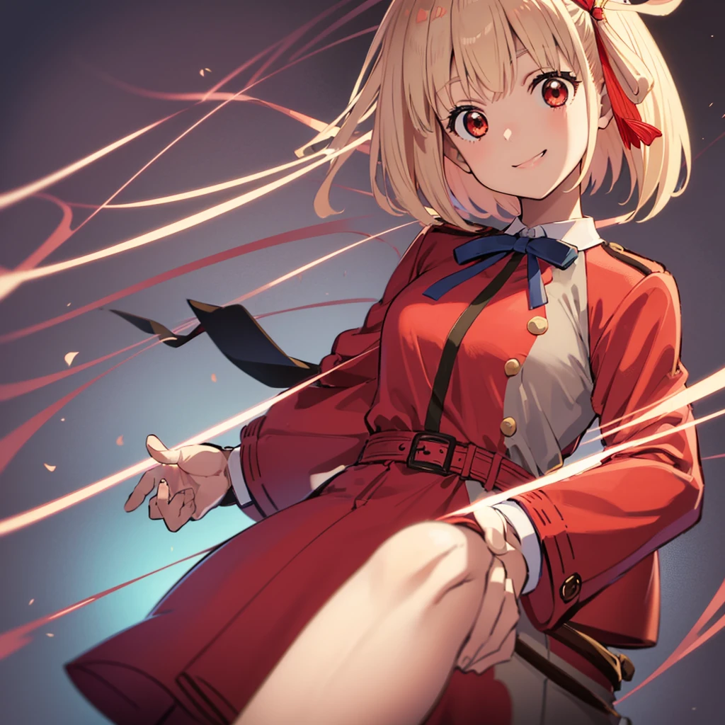 chisato, 1girl, solo, short hair, hair ribbon, breasts, neck ribbon, collared shirt, lycoris uniform, two-tone dress, red dress, grey dress, long sleeves, red belt, face of happiness, smile mouth, (((1girl))),(((Solo))),(((1 person))).