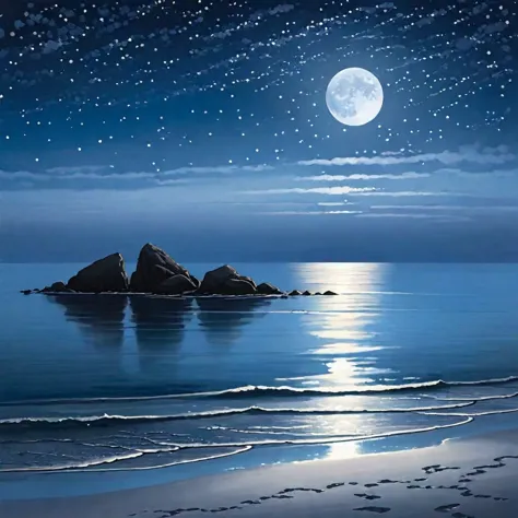 Under the serene glow of a full moon, a tranquil sea stretches out into the horizon. The moonlight casts a silver sheen over the...