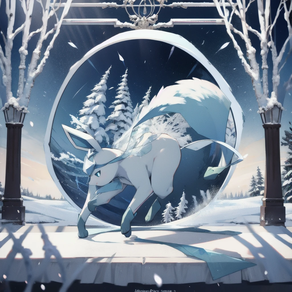 glaceon, snow,pokemon \(creature\),animal,  full body, tree,, (masterpiece, best quality,absurdres: 1.2),, perfect hands,, masterpiece,best quality,ultra-detailed,very detailed illustrations,extremely detailed,intricate details,highres,super complex details,extremely detailed 8k cg wallpaper