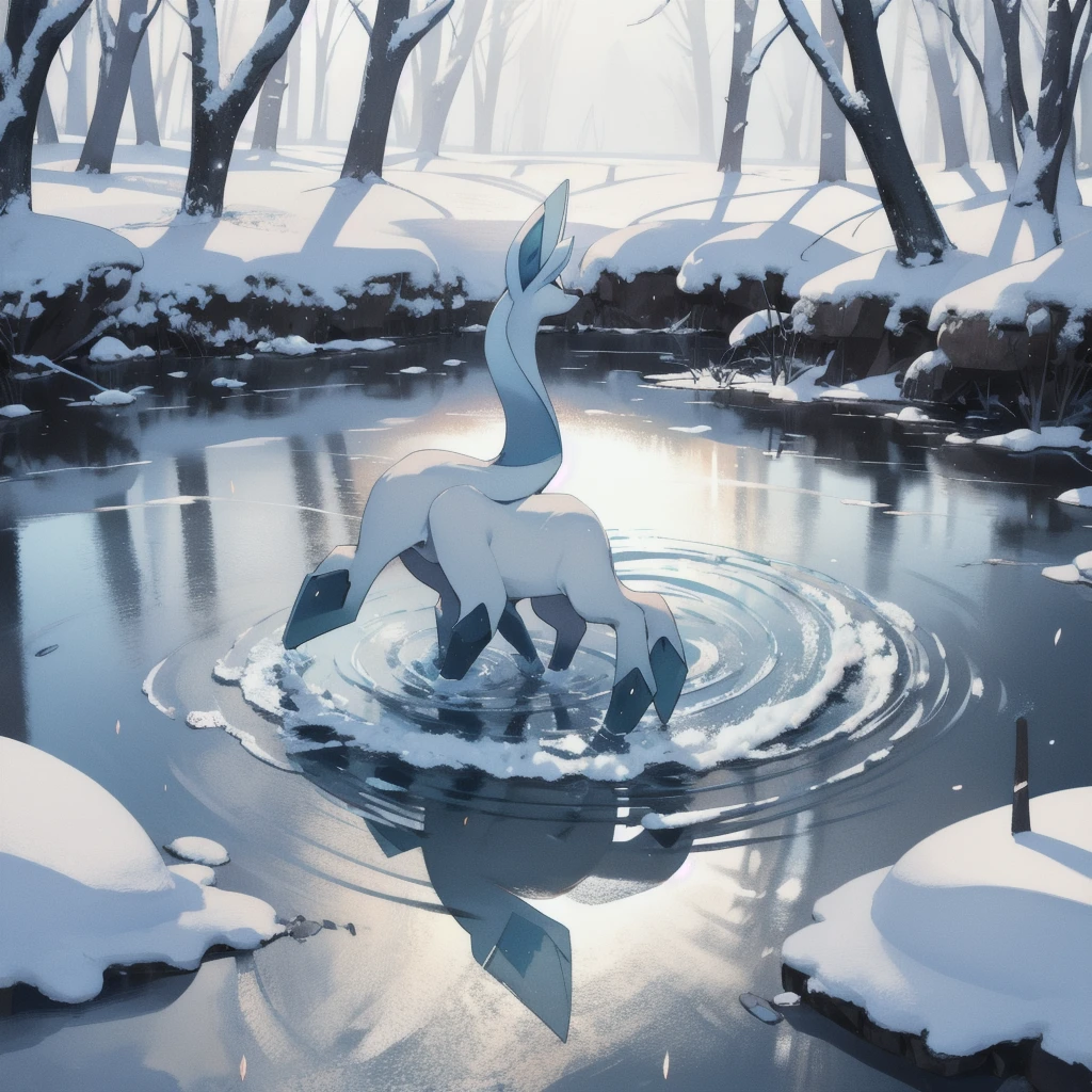 glaceon, snow,pokemon \(creature\),animal,  full body, tree,, (masterpiece, best quality,absurdres: 1.2),, perfect hands,, masterpiece,best quality,ultra-detailed,very detailed illustrations,extremely detailed,intricate details,highres,super complex details,extremely detailed 8k cg wallpaper