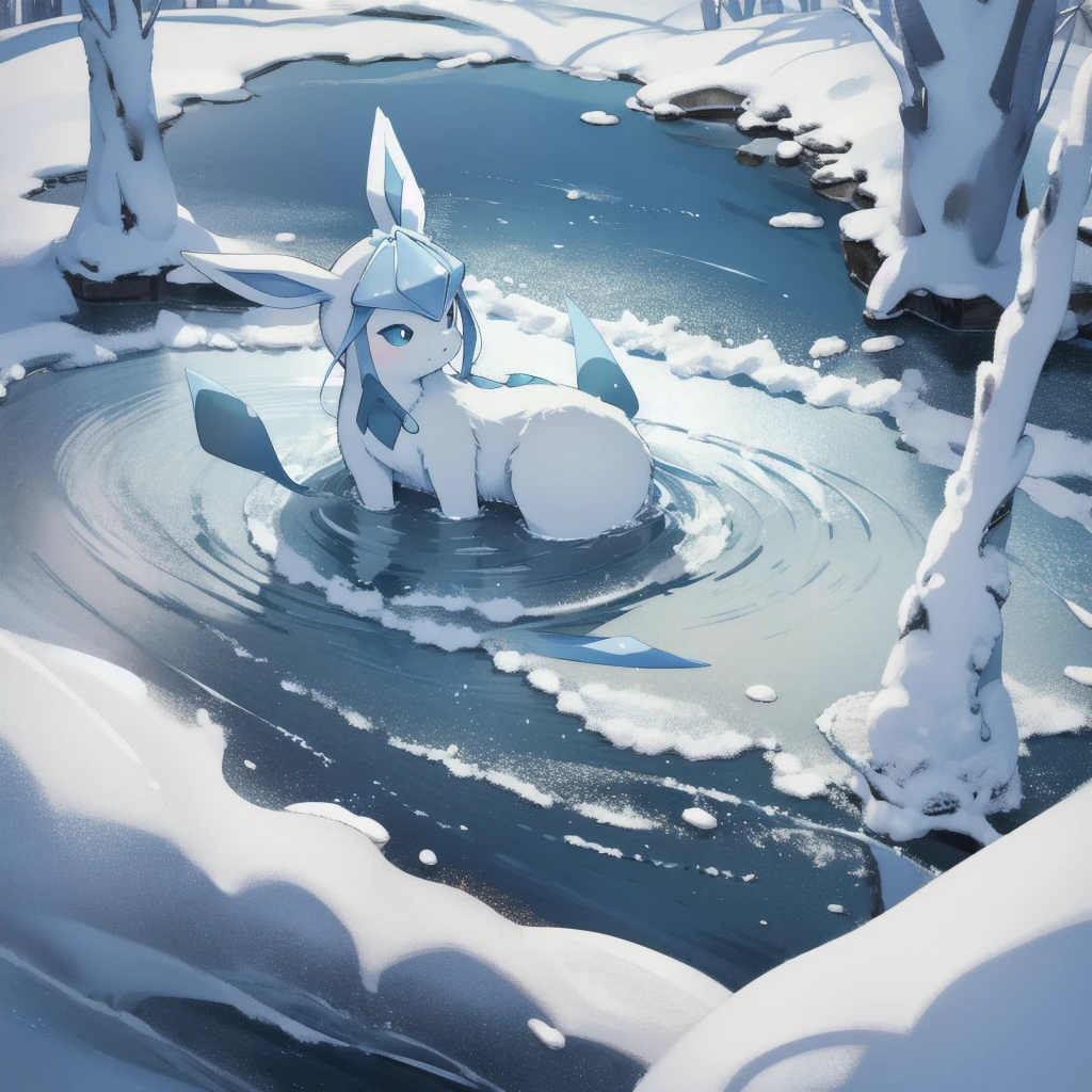 glaceon, snow,pokemon \(creature\),animal,  full body, tree,, (masterpiece, best quality,absurdres: 1.2),, perfect hands,, masterpiece,best quality,ultra-detailed,very detailed illustrations,extremely detailed,intricate details,highres,super complex details,extremely detailed 8k cg wallpaper