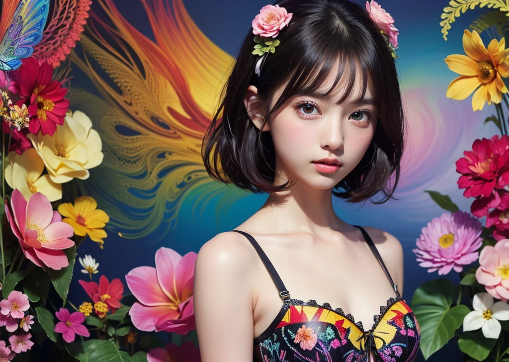 (masterpiece, Highest quality, Highest quality, Official Art, beautifully、beautiful:1.2), (1 Girl), Short pixie hair with bangs、Big Eyes、Very detailed,(Fractal Art:1.3),Colorful tube top bra、Most detailed, Surrounded by fractals and various flowers, tropical flowers and butterflies、Psychedelic Concept