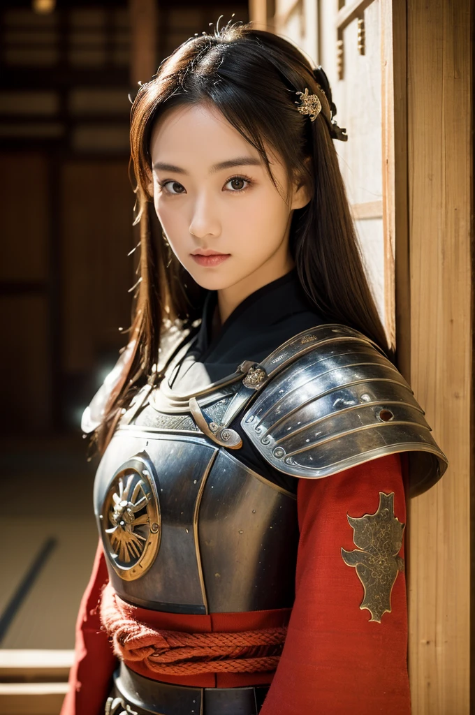 Medieval Japan, (8K, Raw-Foto, best quality, masterpiece:1.2),(realisti, foto realisti:1.4),(Hochdetailliertes CG Unity 8K-Hintergrundbild),(round face: 1.5), (detailed student:1.3),beautiful woman  ,(boy, but very beautiful 25-year-old Korean, whole upper body, medieval Japanese estate, dressed in samurai armor, Cool eyes, relaxed look, , Looking forward,looking at the camera,Unforgettable eyes,The eyes are so beautiful.) samurai armoury