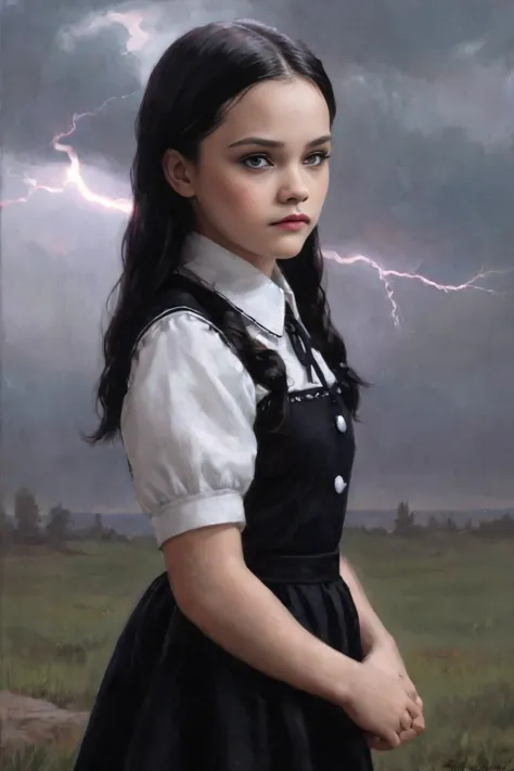 Highly detailed digital illustrations, High resolution, masterpiece, (Wednesday Adams as Chr1st1naR1cc1), Black Hair, (Twin Blad...