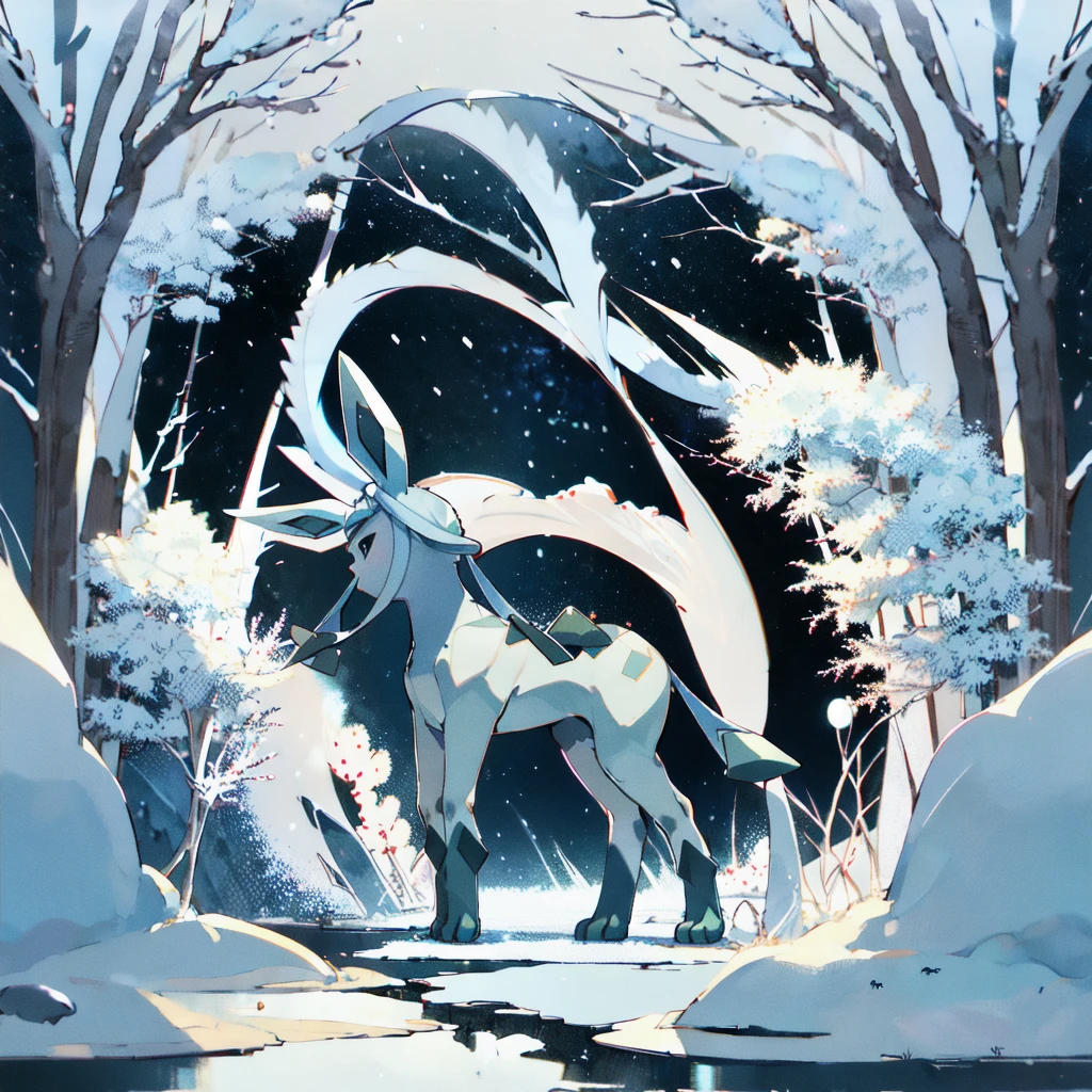 glaceon, snow,pokemon \(creature\),animal,  full body, tree,, (masterpiece, best quality,absurdres: 1.2),, perfect hands,, masterpiece,best quality,ultra-detailed,very detailed illustrations,extremely detailed,intricate details,highres,super complex details,extremely detailed 8k cg wallpaper