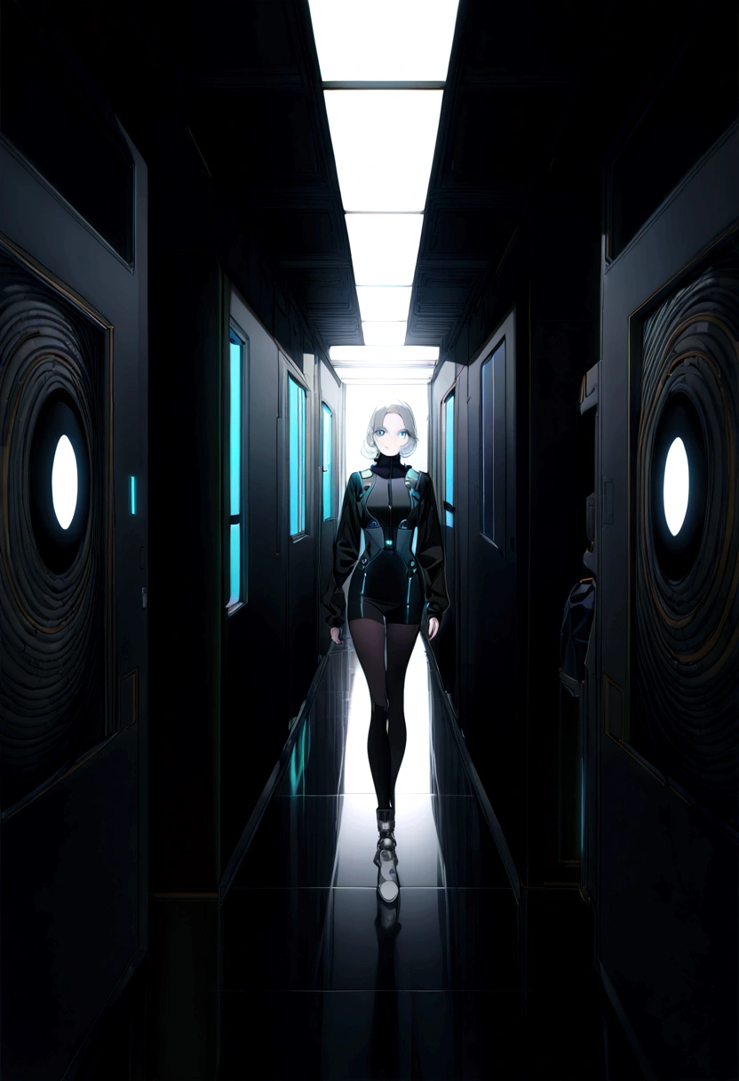 (masterpiece, 32k, 8k, white laboratory corridor setting, character walking towards the viewer) woman, 30s, naturally beautiful face, blank expression, cyberpunk style clothing, ((eyes of different colors, one blue eye and the other gray eye))