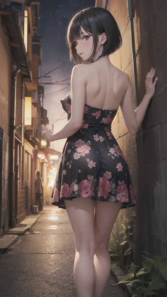 Highest quality , High resolution , Detailed CG , high school girl , short hair , Floral dress , Modest chest , Black Hair , Two limbs , Optimal ratio , Embarrassed expression , Burning cheeks , In town , Narrow alley at night , Very dark back alley , Nipples are visible , touching one&#39;s own breasts with one&#39;s own hands , facial expression during orgasm , Hiding in the shadows , 